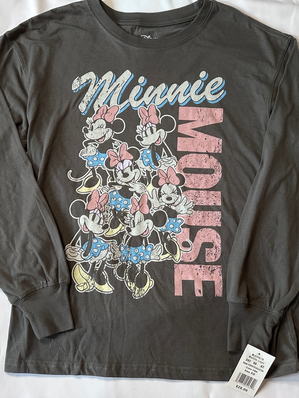 Disney Minnie Mouse Long Sleeve Tee - Dark Grey with Pink & Blue Accents
